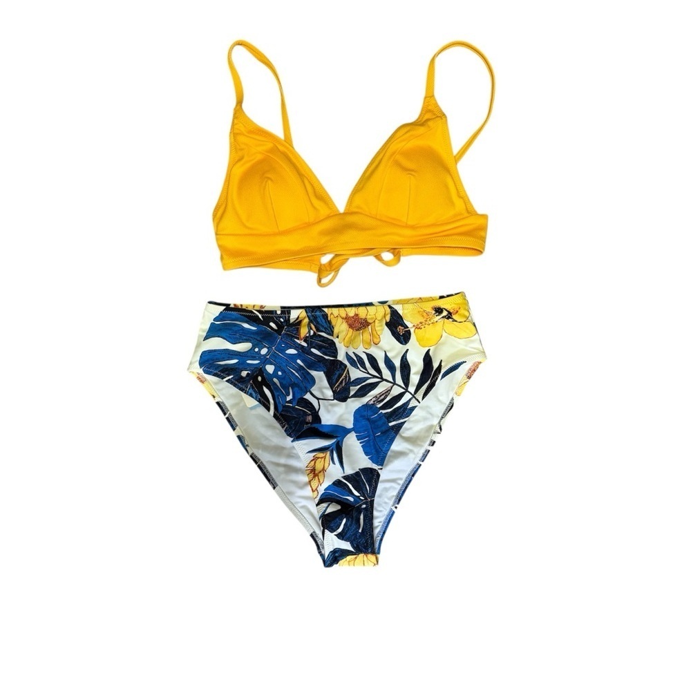 Cupshe Women Sz L Two-Piece Bikini Blue Leaf Print Crisscross Back Tie Swimsuit - Picture 3 of 16